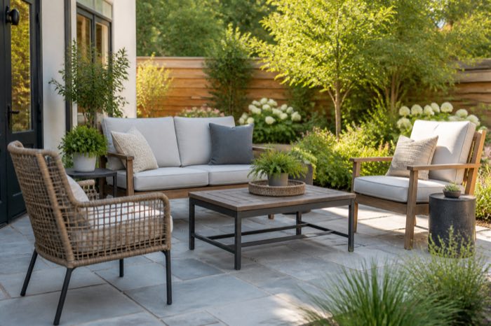 Outdoor patio furniture set with wood, metal and woven materials
