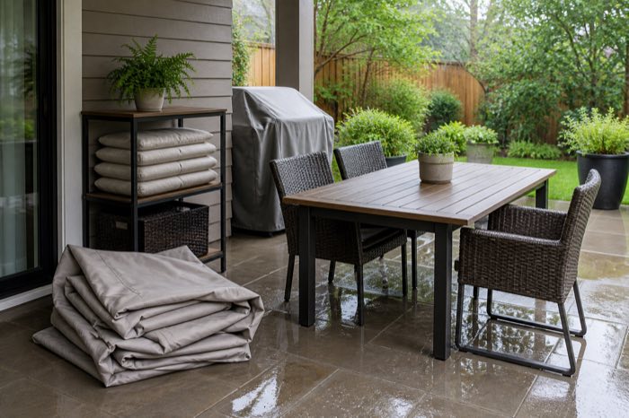 Covered patio furniture and stored cushions after light rain